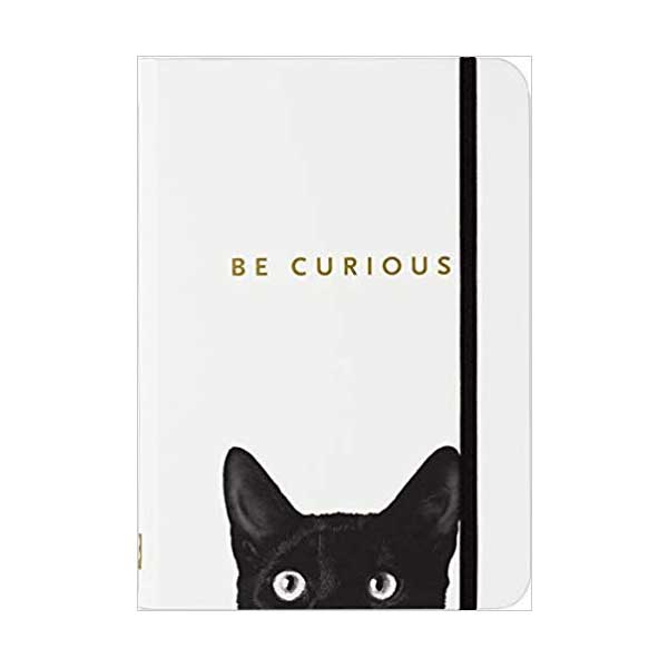 A white journal with a picture of a curious cat