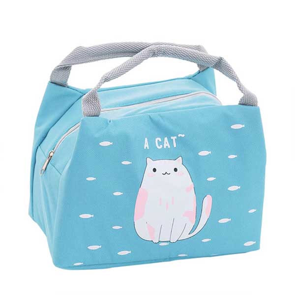A blue lunch box with a cute cat 