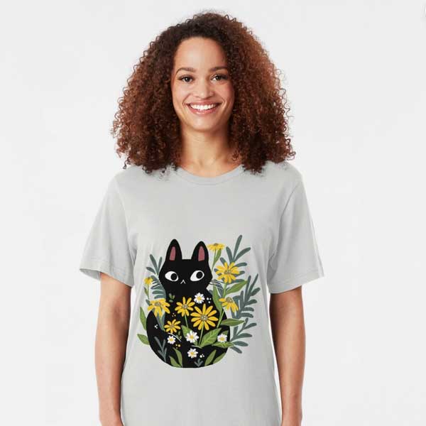 Black Cat With Flowers Slim Fit T-Shirt