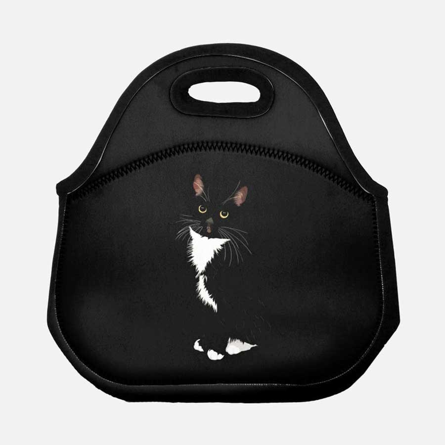 A black bag with an illustration of a tuxedo cat.