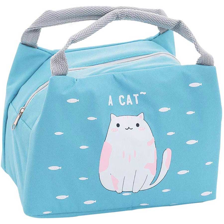 A soft blue bag with a white cat in the center.