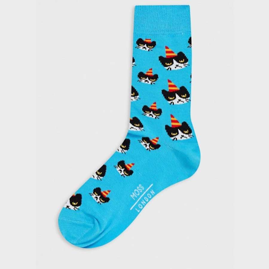 Moss London socks with cat in party hat