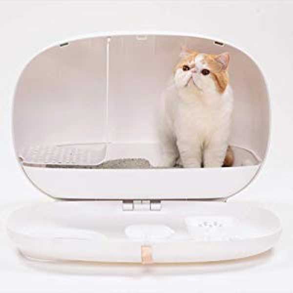 A white stylish litter box with thee cat named Mochi