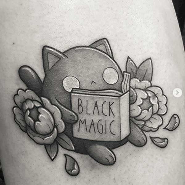 Cartoon black and white small minimalist cat tattoo by P E R O U