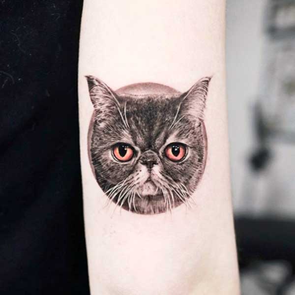 Black and white traditional cat face tattoo by tattooist_yeono