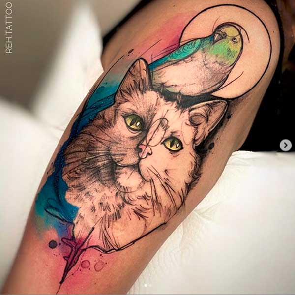 Watercolour geometric cat tattoo by Renata Henriques