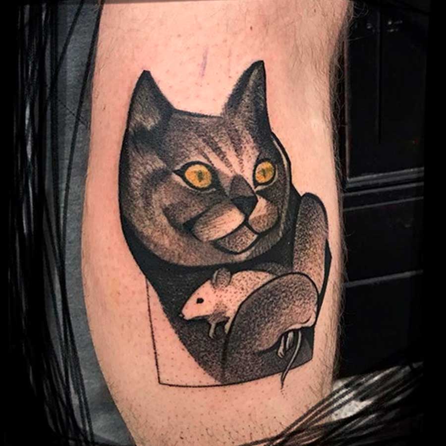 A neo traditional black cat tattoo by tai9a