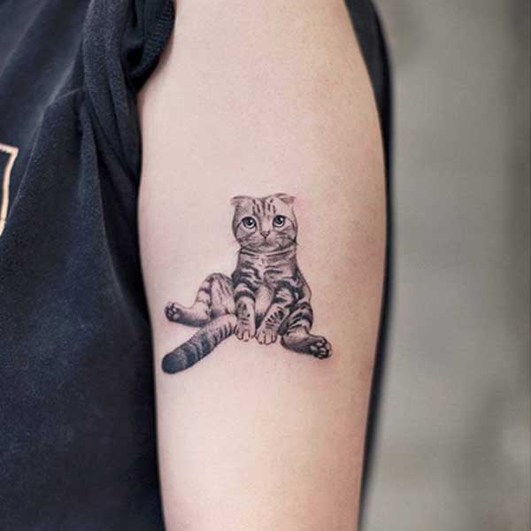 Black and white tattoo of sitting cat by AkiWong