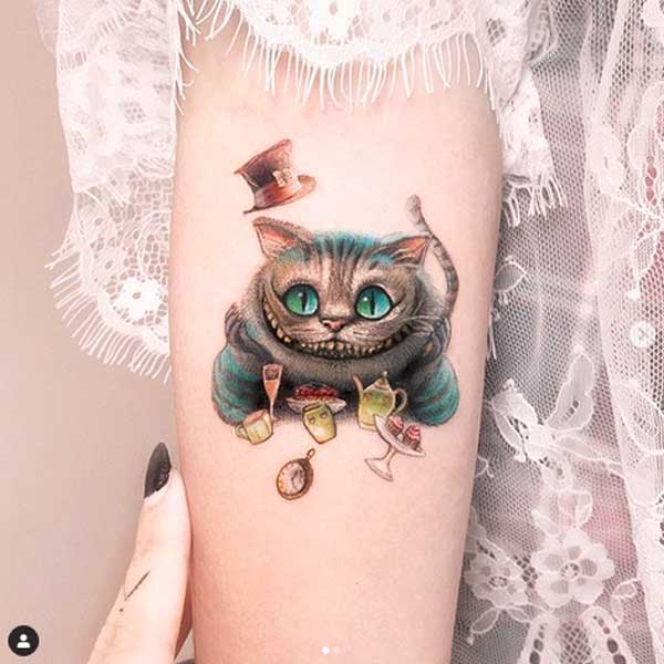 Cheshire cat tattoo, colours, by tatoot artist Edit Paints 