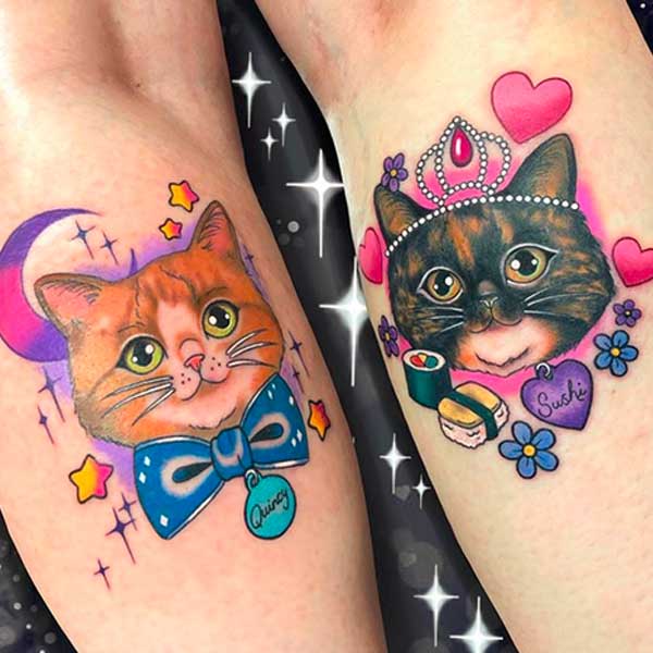 Kawaii colour cat faces tattoo by Carly Kawaii Tattooist