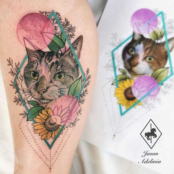 A floral cat tattoo by Jason Adelinia