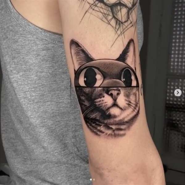 Neo traditonal black and white cat face tattoo by Mat Rule