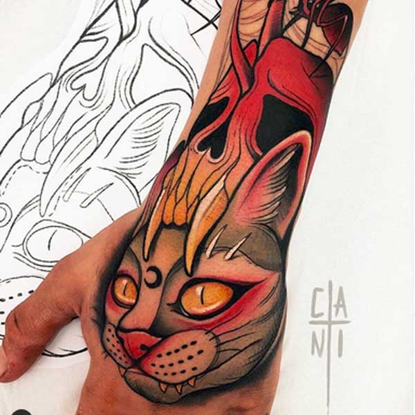 Neo traditonal colour cat face tattoo by CANTI