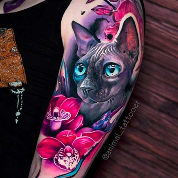 Tattoo hairless cat with flowers by Natasha Animal