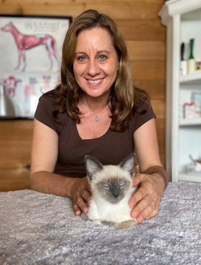 Deneen Fasano, the doctor of holistic medicine, who is smiling and holding a white cat with a grey face 