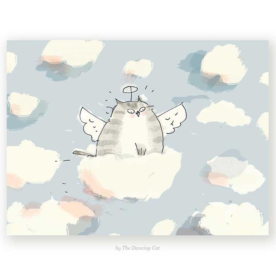 A cat loss card with a fluffy kitty in the sky