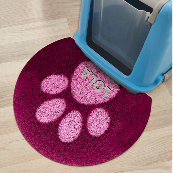 Personalised cat litter mat in dark pink color with cat paw in light pink color