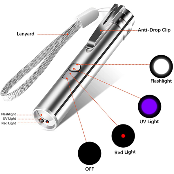 A silver laser pointer with three lights