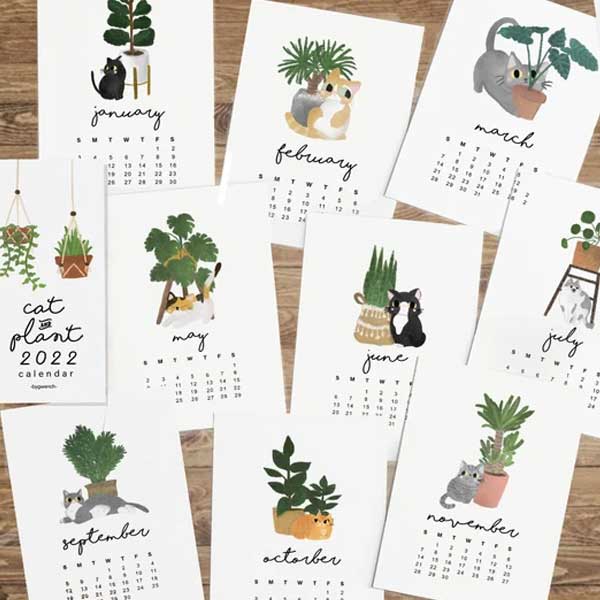 Illustrations of cats and plants calendar 2022