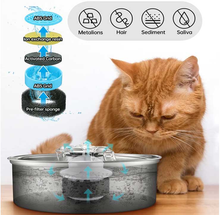 A ginger cute cat is looking at a water fountain with filters for cats 