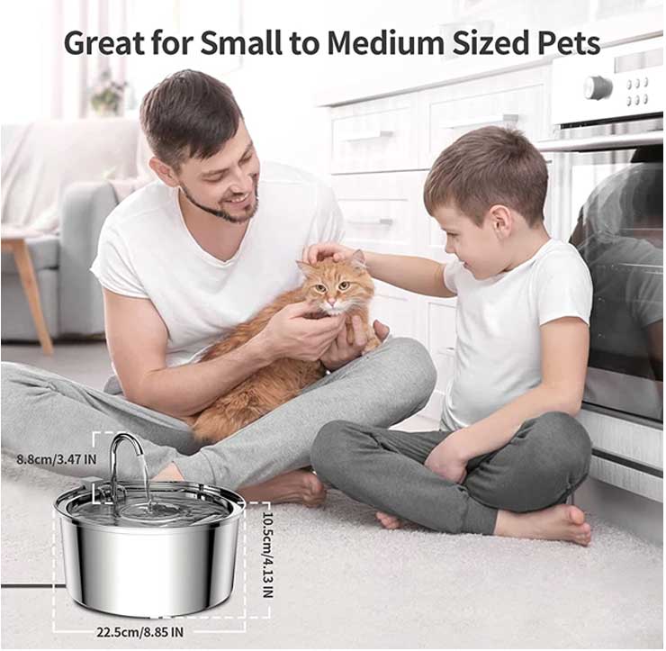 a man and a kid are sitting on the floor with a ginger cat next to a pet water fountain