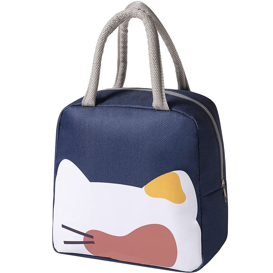 A navy blue bag with a simplistic white cat head at the bottom.