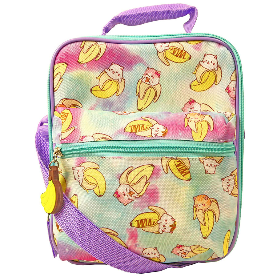 A very colorful, pastel bag with cute cats inside bananas; just their heads are sticking out of the peels.