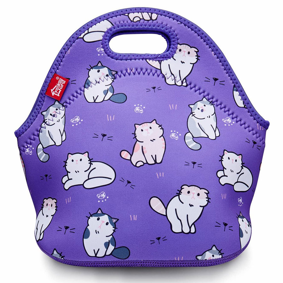 A purple bag with white cats in different some positions; some are laying, some are sitting.