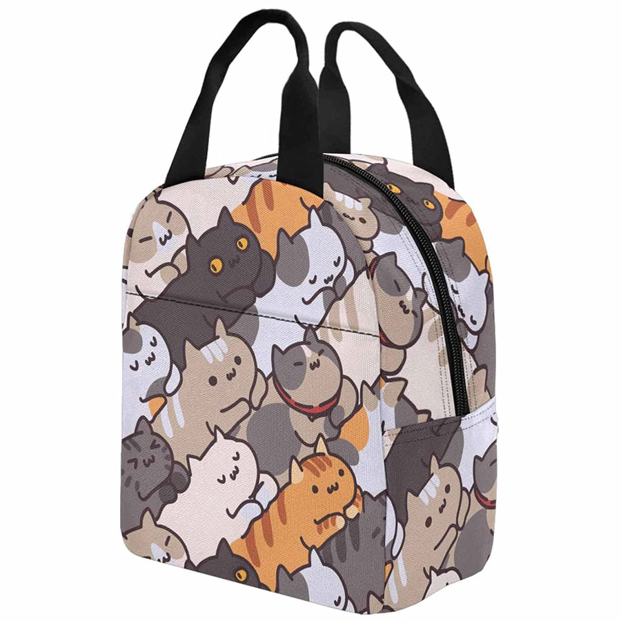 A big bag with different cats, overlapping each other; some are sleeping, some are curiously watching.