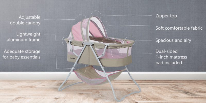 Pink and gray bassinet with cat cover