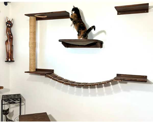A wall mounted shelfs and posts for cats manufactured by felinekingdom brand
