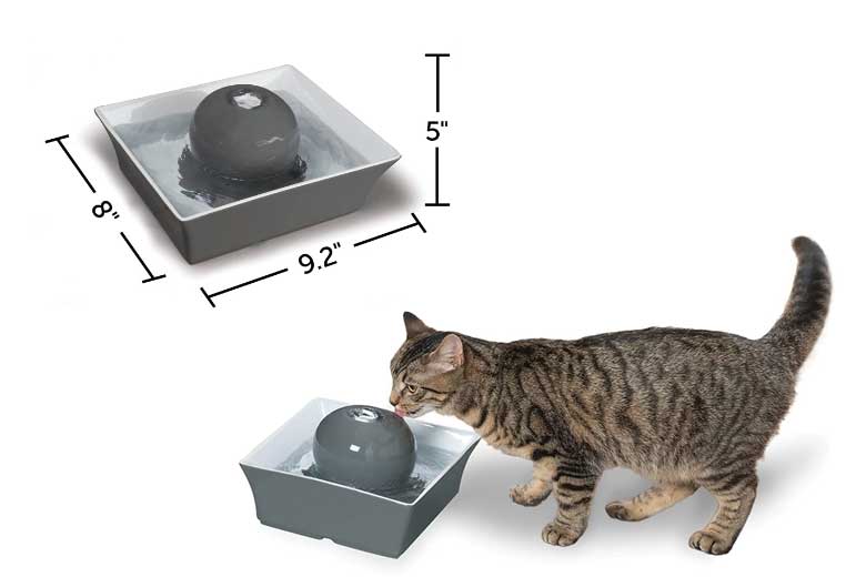 A cat is drinking water from a gray porcelain fountain by Drinkwell brand